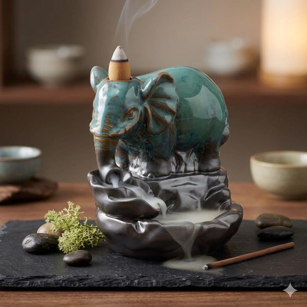 Fontaine à Encens Flux Inversé Éléphant au Bassin